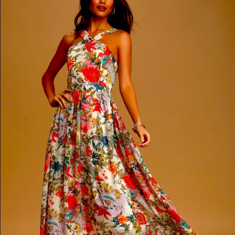 Lulu’s Lilja Cream Floral Print Maxi Dress Halter neck